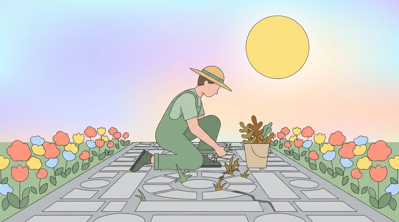 Jardinier désherbant manuellement une allée en pierre dans un jardin