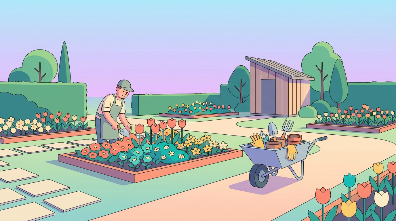 Jardinier entretenant un jardin fleuri français avec brouette