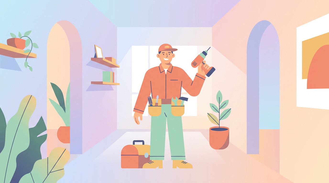 Bricoleur polyvalent souriant avec ceinture à outils dans un appartement