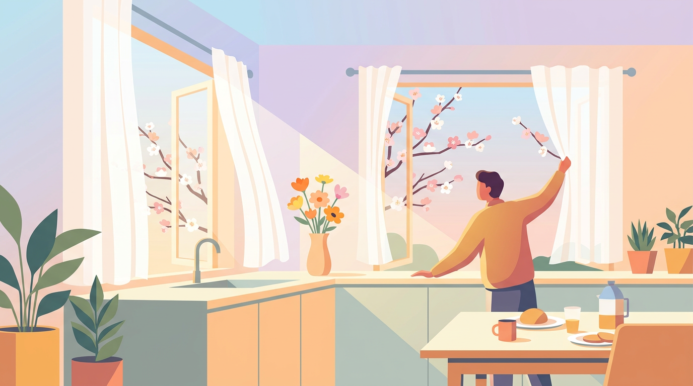 Cuisine lumineuse au printemps avec fleurs fraîches et fenêtres ouvertes