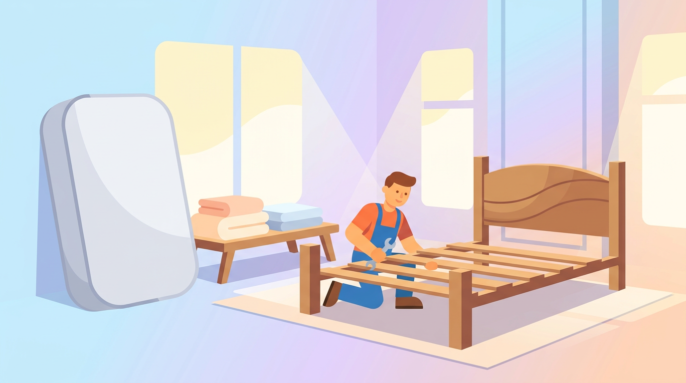 Bricoleur en train de monter un cadre de lit en bois dans une chambre