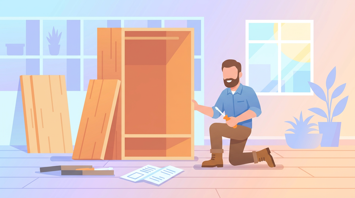Bricoleur en train de monter une armoire dans un appartement lumineux
