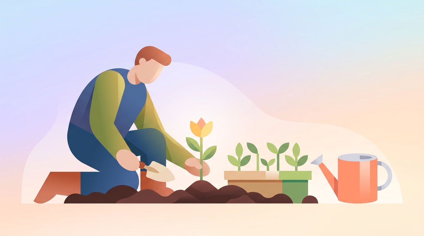 Jardinier plantant des jeunes plants dans un massif fraîchement préparé