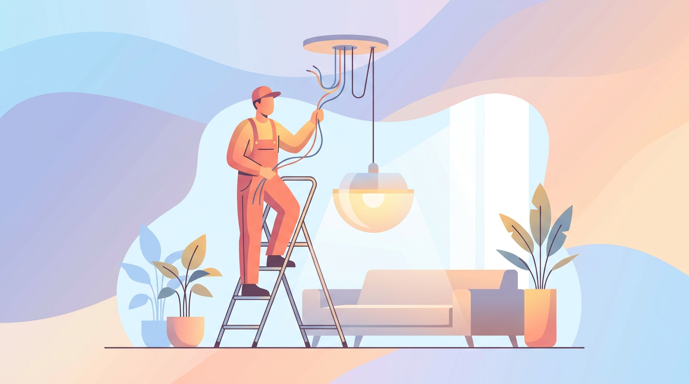 Bricoleur installant une suspension lumineuse au plafond d'un salon