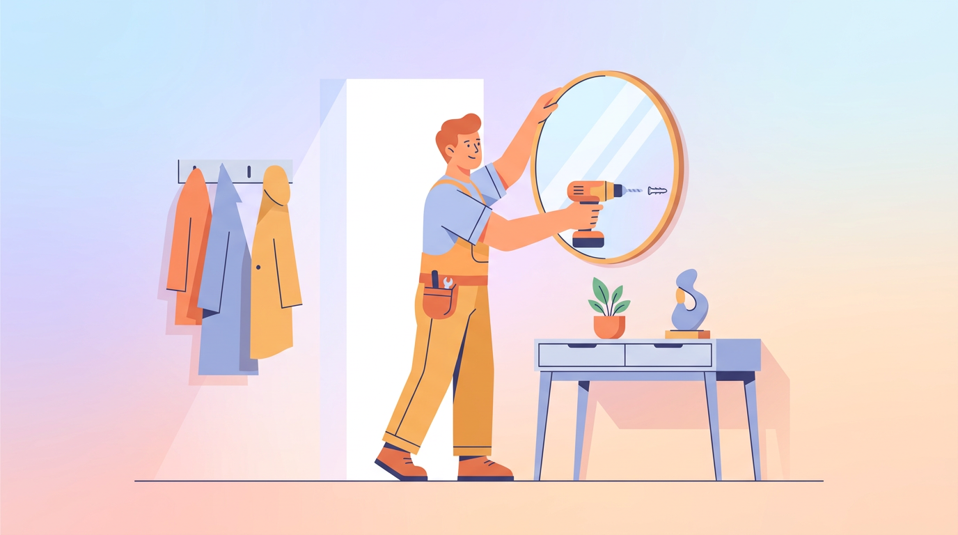 Bricoleur fixant un grand miroir rond au mur d'une entrée