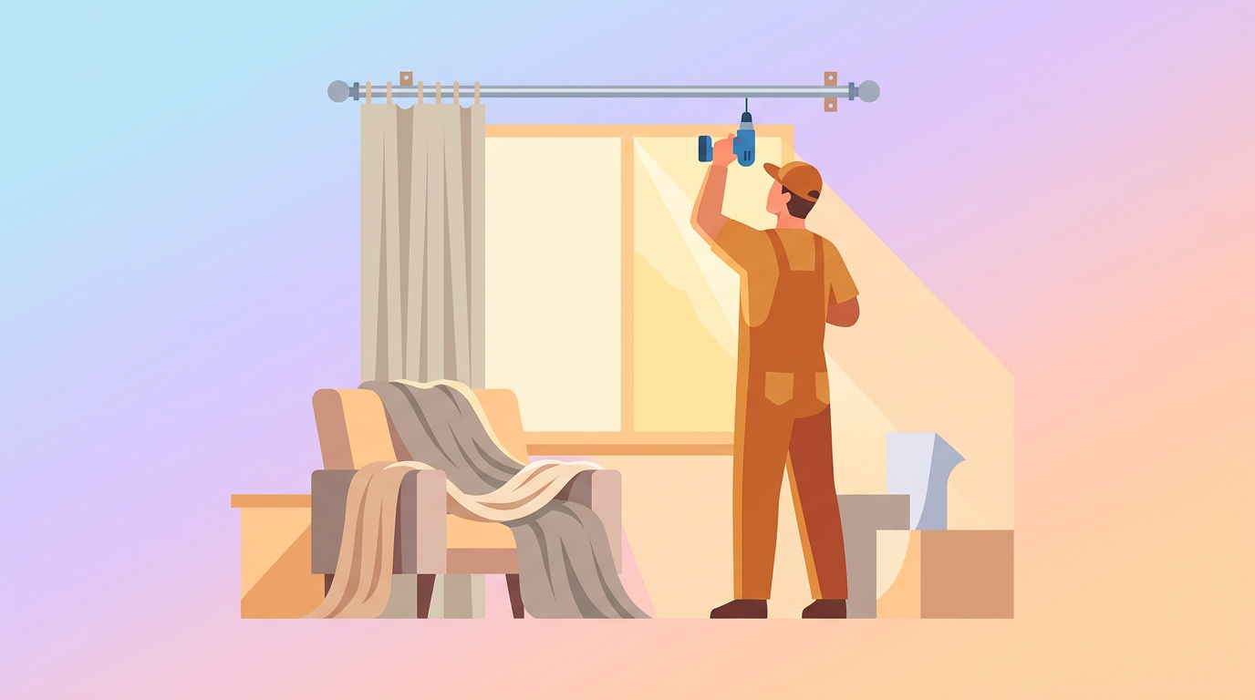 Bricoleur installant une tringle à rideaux au-dessus d'une fenêtre