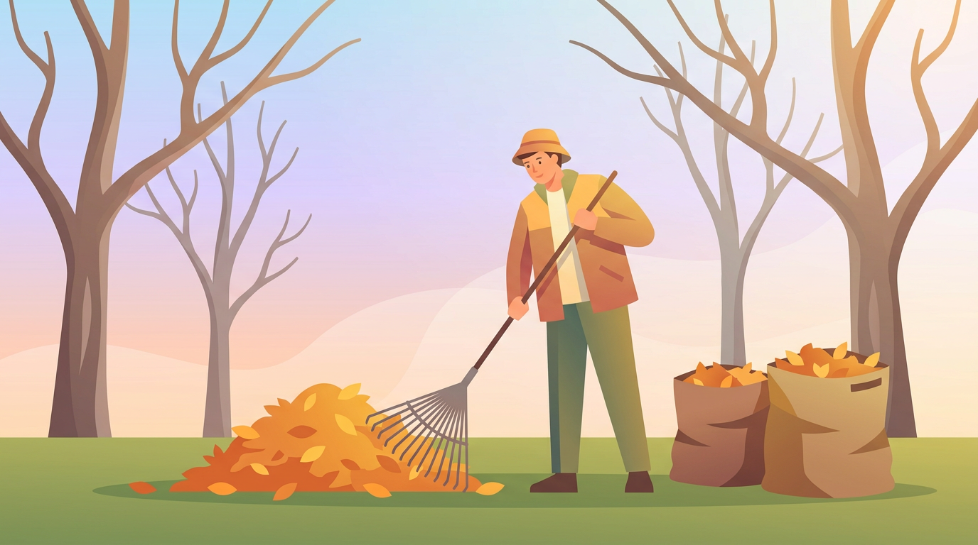 Jardinier ramassant des feuilles mortes d'automne sur une pelouse verte