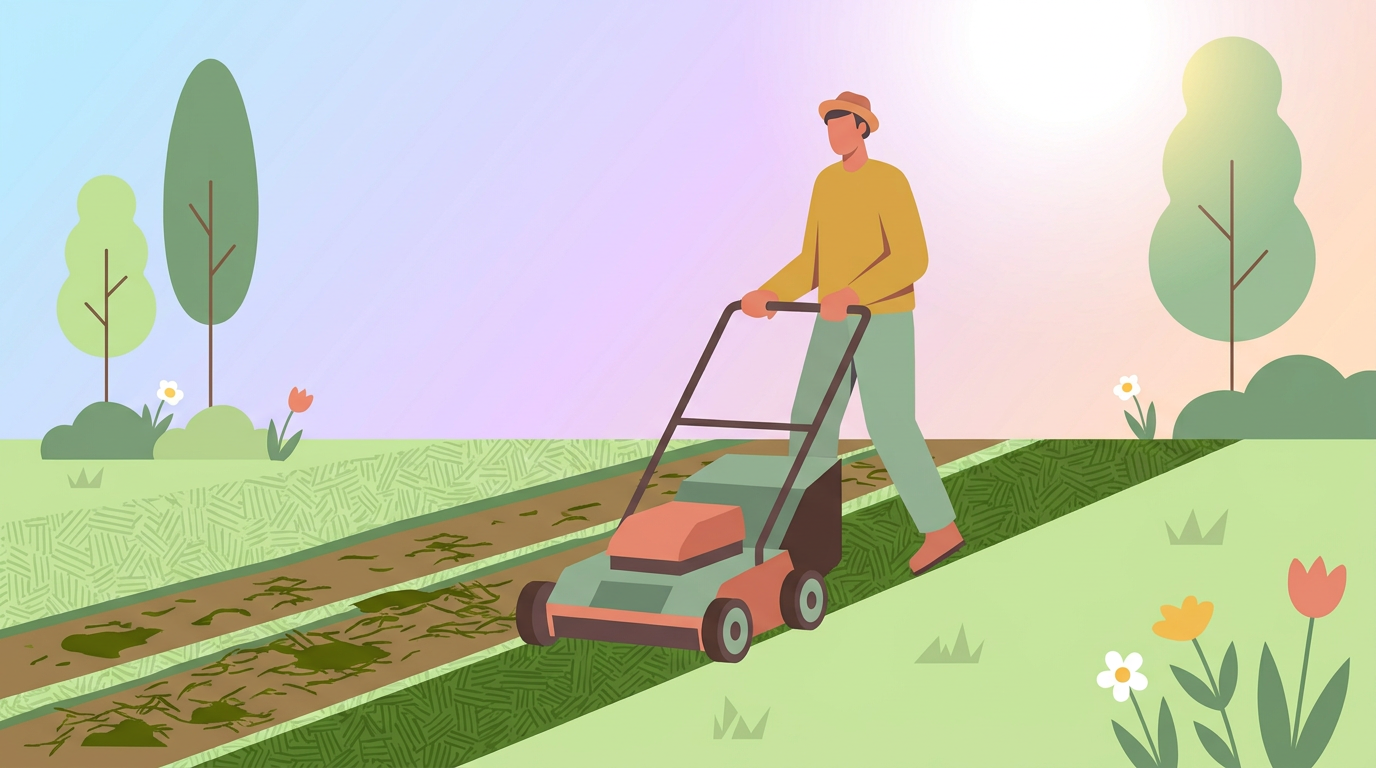 Jardinier scarifiant une pelouse au printemps avec un scarificateur