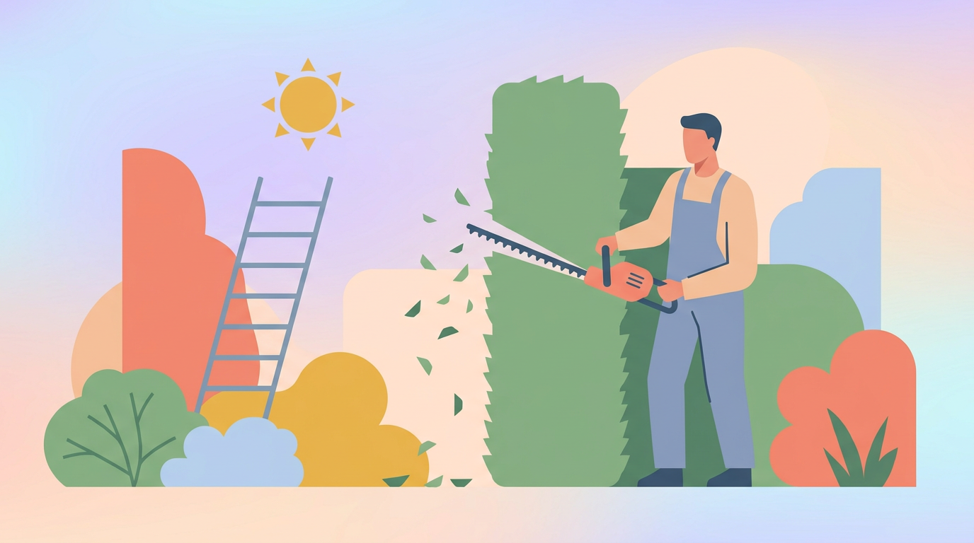 Jardinier taillant une haie de thuyas avec un taille-haie électrique
