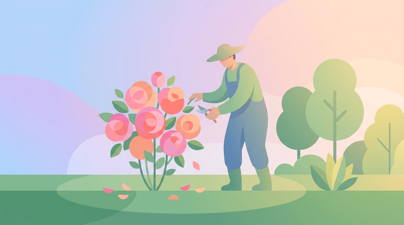 Jardinier taillant un rosier en fleurs avec un sécateur